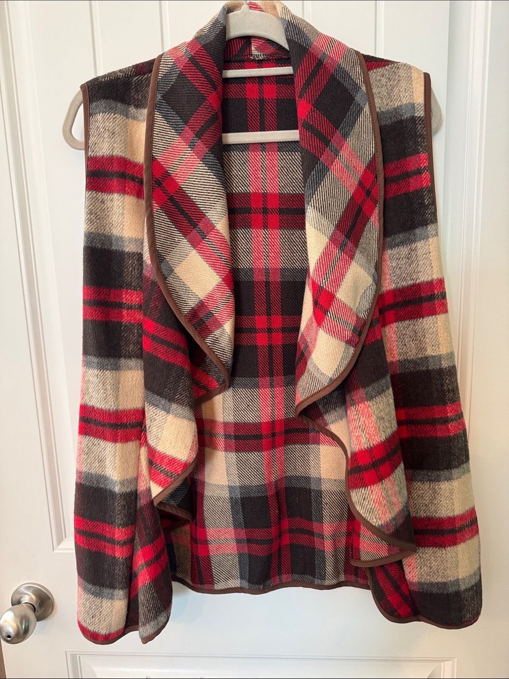 Plaid Draped Open-Front Women's Vest Jacket - Red & Cream
